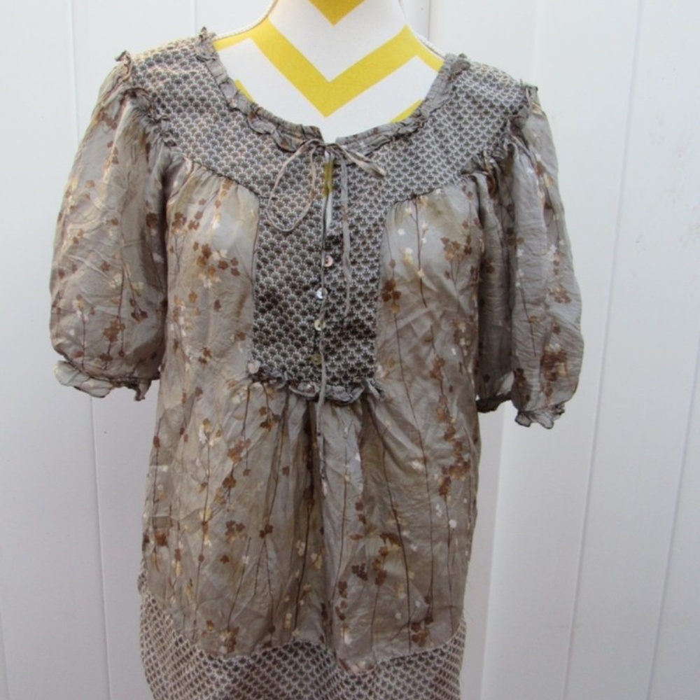BCBGMAXZARIA Floral Puff Sleeve Ruffle Neckline Top Blouse